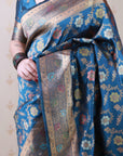 Dark Blue Soft Banarasi Silk Saree with Meenakari Gold Zari Woven Jaal