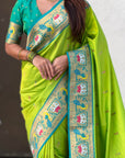 Parrot Green Rajhans(Swan) & Peacock Meenakari Paithani Silk Saree