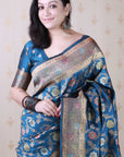 Dark Blue Soft Banarasi Silk Saree with Meenakari Gold Zari Woven Jaal