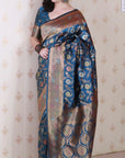 Dark Blue Soft Banarasi Silk Saree with Meenakari Gold Zari Woven Jaal