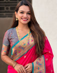 Pink Paithani Silk Meenakari Zari Woven Contrast Saree with Nath Motifs