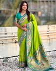 Parrot Green Rajhans(Swan) & Peacock Meenakari Paithani Silk Saree