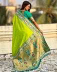 Parrot Green Rajhans(Swan) & Peacock Meenakari Paithani Silk Saree