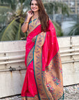 Pink Paithani Silk Meenakari Zari Woven Contrast Saree with Nath Motifs