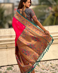 Pink Paithani Silk Meenakari Zari Woven Contrast Saree with Nath Motifs
