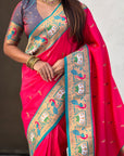 Rani Pink Rajhans(Swan) & Peacock Meenakari Paithani Silk Saree