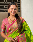 Parrot Green Paithani Silk Meenakari Zari Woven Contrast Saree with Nath Motifs