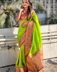 Parrot Green Paithani Silk Meenakari Zari Woven Contrast Saree with Nath Motifs