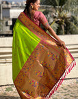 Parrot Green Paithani Silk Meenakari Zari Woven Contrast Saree with Nath Motifs
