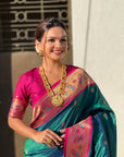 Peacock Blue Paithani Silk Meenakari Zari Woven Contrast Saree with Nath Motifs