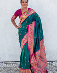 Peacock Blue Paithani Silk Meenakari Zari Woven Contrast Saree with Nath Motifs