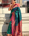 Peacock Blue Paithani Silk Meenakari Zari Woven Contrast Saree with Nath Motifs