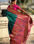 Peacock Blue Paithani Silk Meenakari Zari Woven Contrast Saree with Nath Motifs