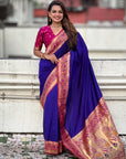Violet Gala Silk Zari Woven Contrast Kadiyal Border with Paithani Pallu