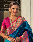 Blue Paithani Silk Meenakari Zari Woven Contrast Saree with Nath Motifs