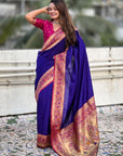 Violet Gala Silk Zari Woven Contrast Kadiyal Border with Paithani Pallu