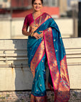 Blue Paithani Silk Meenakari Zari Woven Contrast Saree with Nath Motifs