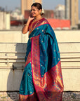 Blue Paithani Silk Meenakari Zari Woven Contrast Saree with Nath Motifs