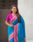 Blue Gala Silk Zari Woven Contrast Kadiyal Border with Paithani Pallu