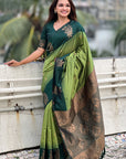 Pista Green Soft Silk Contrast Floral Border Zari Woven Saree