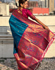 Blue Paithani Silk Meenakari Zari Woven Contrast Saree with Nath Motifs