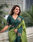 Pista Green Soft Silk Contrast Floral Border Zari Woven Saree