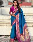 Blue Gala Silk Zari Woven Contrast Kadiyal Border with Paithani Pallu