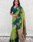 Pista Green Soft Silk Contrast Floral Border Zari Woven Saree