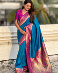Blue Gala Silk Zari Woven Contrast Kadiyal Border with Paithani Pallu