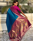 Blue Gala Silk Zari Woven Contrast Kadiyal Border with Paithani Pallu