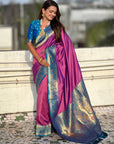 Lavender Gala Silk Zari Woven Contrast Kadiyal Border with Paithani Pallu