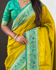 Mehendi Green Gala Silk Zari Woven Contrast Kadiyal Border with Paithani Pallu