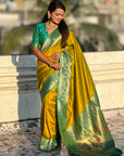 Mehendi Green Gala Silk Zari Woven Contrast Kadiyal Border with Paithani Pallu