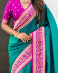 Peacock Blue Gala Silk Zari Woven Contrast Kadiyal Border with Paithani Pallu