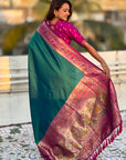 Peacock Blue Gala Silk Zari Woven Contrast Kadiyal Border with Paithani Pallu