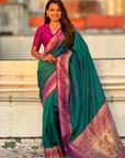 Peacock Blue Gala Silk Zari Woven Contrast Kadiyal Border with Paithani Pallu