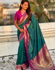 Peacock Blue Gala Silk Zari Woven Contrast Kadiyal Border with Paithani Pallu