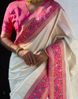 White Gala Silk Zari Woven Contrast Kadiyal Border with Paithani Pallu