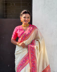 White Gala Silk Zari Woven Contrast Kadiyal Border with Paithani Pallu