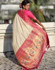 White Gala Silk Zari Woven Contrast Kadiyal Border with Paithani Pallu