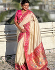 White Gala Silk Zari Woven Contrast Kadiyal Border with Paithani Pallu