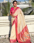White Gala Silk Zari Woven Contrast Kadiyal Border with Paithani Pallu
