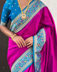 Magenta Gala Silk Zari Woven Contrast Kadiyal Border with Paithani Pallu