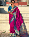 Magenta Gala Silk Zari Woven Contrast Kadiyal Border with Paithani Pallu