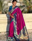 Magenta Gala Silk Zari Woven Contrast Kadiyal Border with Paithani Pallu