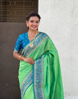 Pista Green Gala Silk Zari Woven Contrast Kadiyal Border with Paithani Pallu