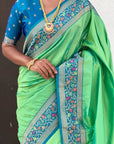 Pista Green Gala Silk Zari Woven Contrast Kadiyal Border with Paithani Pallu