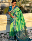 Pista Green Gala Silk Zari Woven Contrast Kadiyal Border with Paithani Pallu