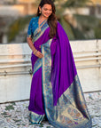 Purple Gala Silk Zari Woven Contrast Kadiyal Border with Paithani Pallu
