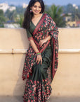 Bottle Green Kolam Silk Katha Printed Saree